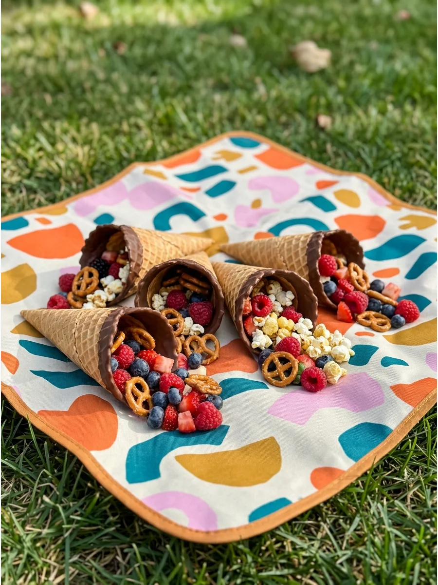 Waffle cones used as mini cornucopias for snacks.