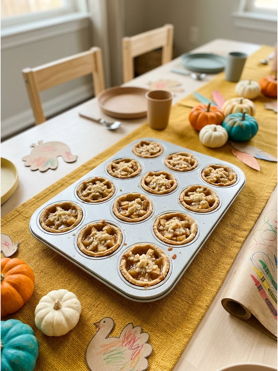 Bite-sized apple pies on a festive table runner.