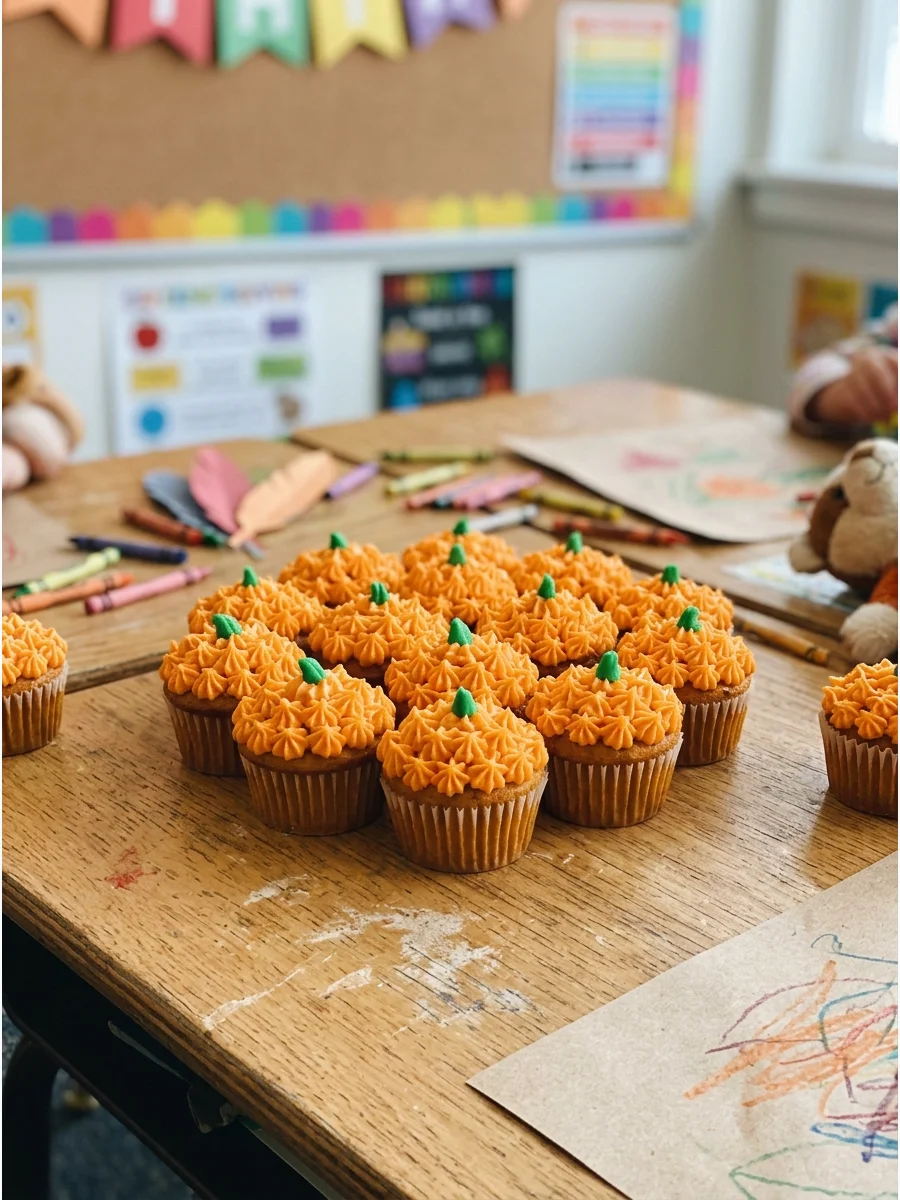 Cupcakes with orange frosting and green stems.
