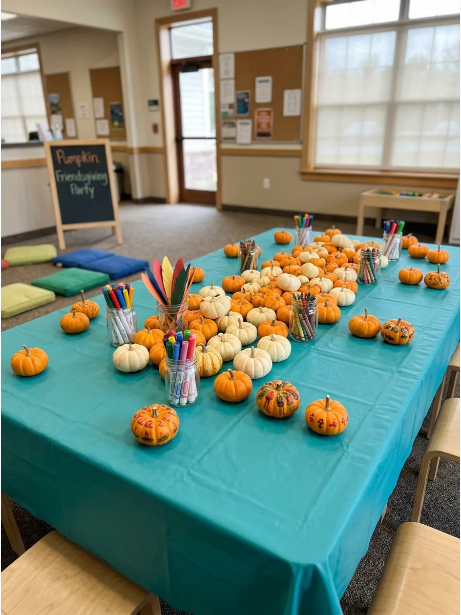 Mini pumpkins and markers arranged on a table for a kids party.