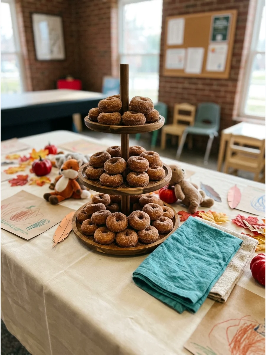 Mini apple cider donuts stacked on a wooden tiered serving stand.