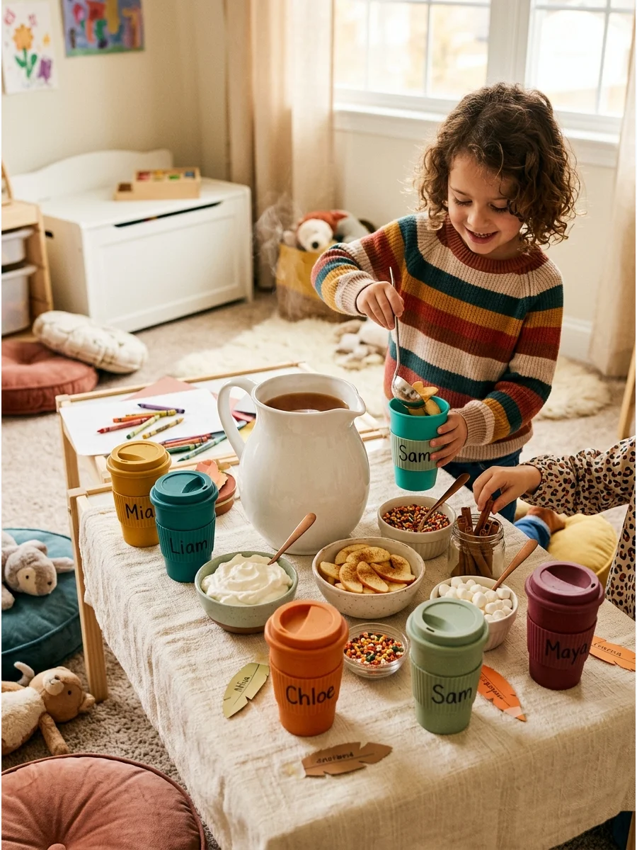A drink station with a pitcher of cider and small bowls of toppings for kids.