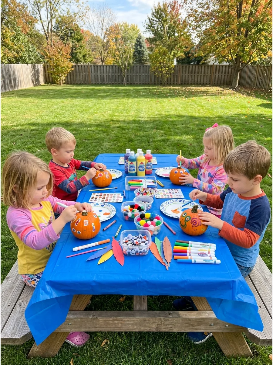 Small orange pumpkins decorated with stickers and paint on a backyard table.