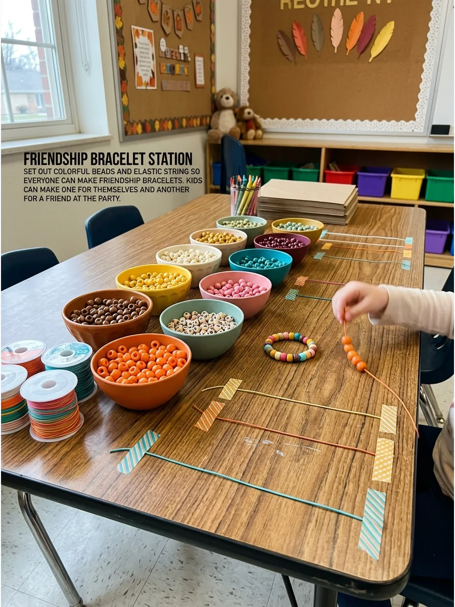 Beads and string arranged in bowls on a table for making friendship bracelets.