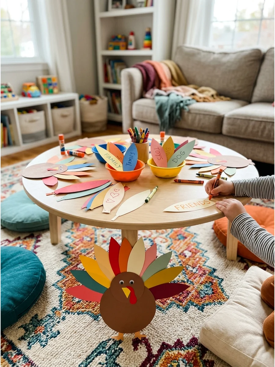 A child-made paper turkey craft with colorful feathers on a flat surface.