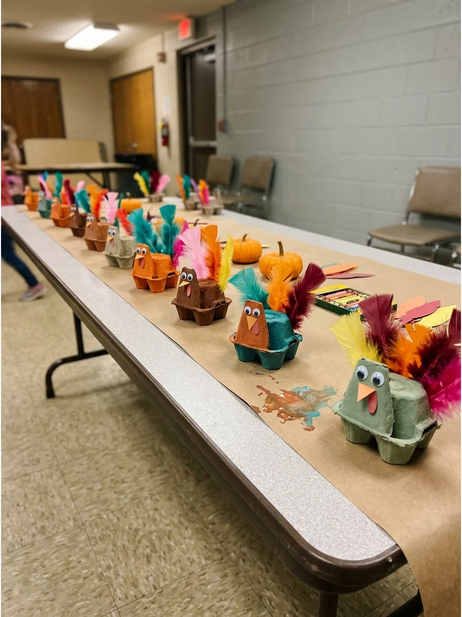 Small turkeys made from painted egg cartons and colorful craft feathers.