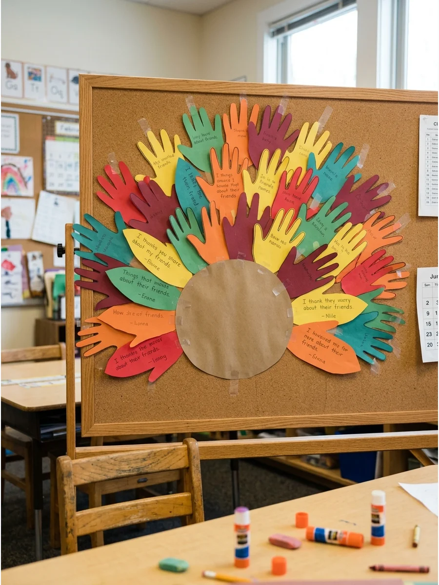 A turkey craft using colorful paper handprints as feathers on a display board.