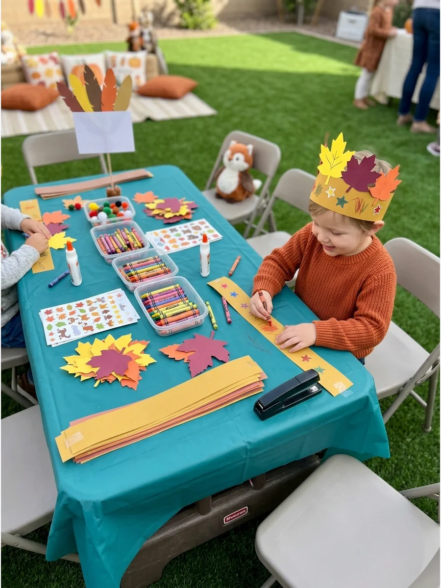 A paper crown decorated with autumn leaves worn by a child outdoors.
