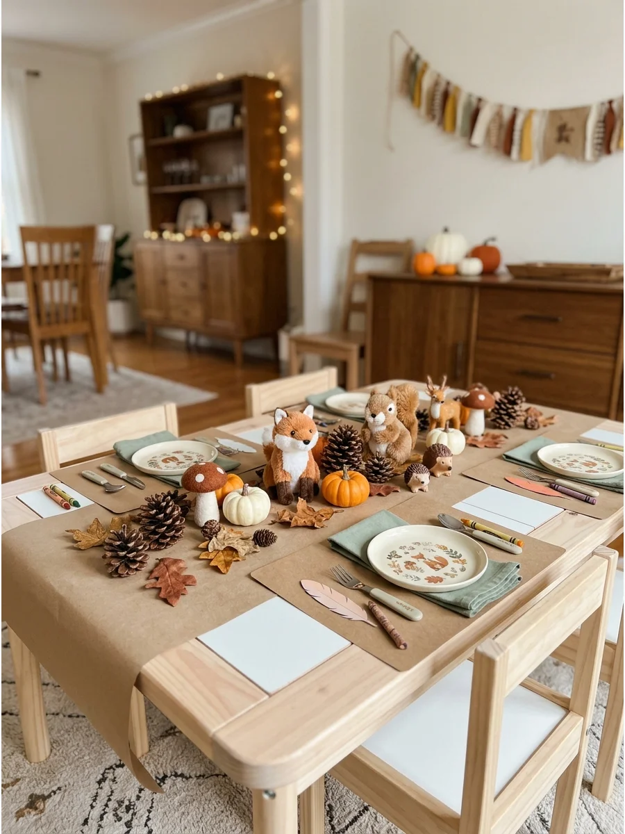 A woodland themed table setting for children with plush animals and pinecones.