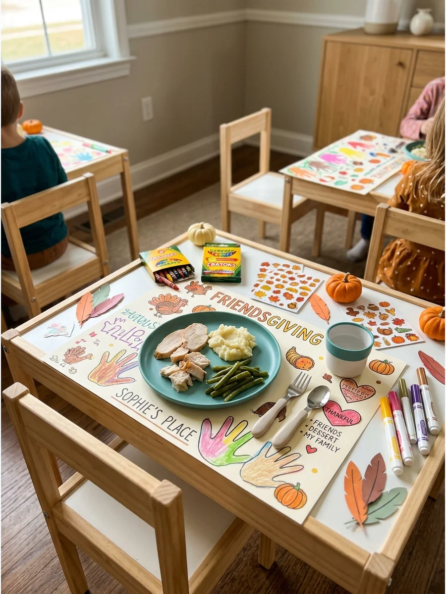 A handmade paper placemat decorated with stickers and crayons on a kids table.
