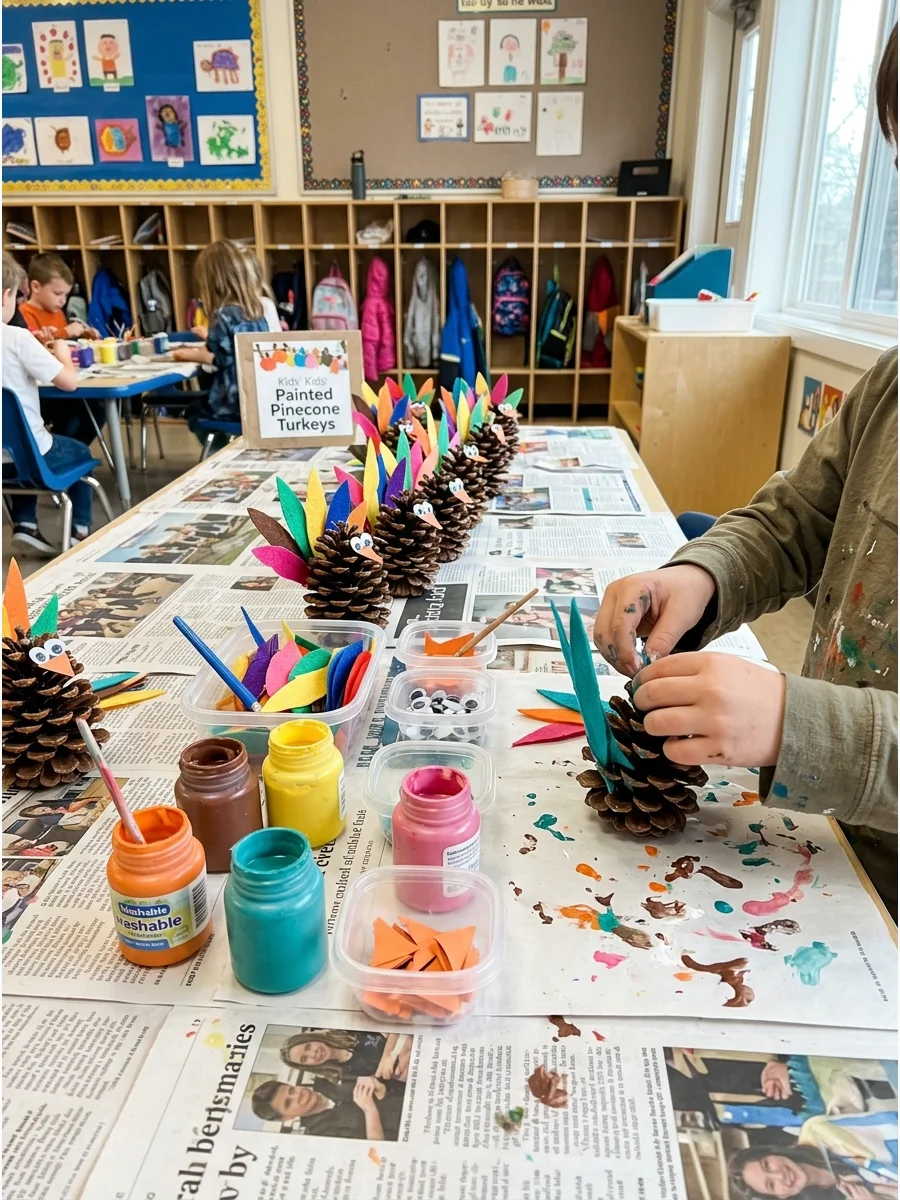 Colorful pinecone turkeys with felt feathers on a classroom craft table.