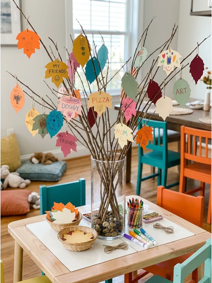 A decorative branch tree with paper leaves hanging from the branches.