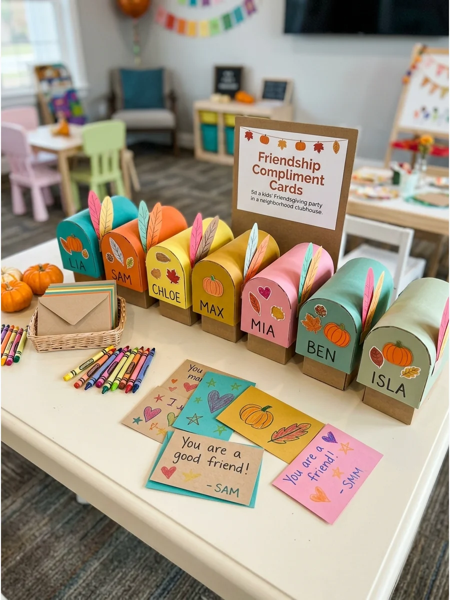Handwritten compliment cards next to small decorated mailboxes on a table.