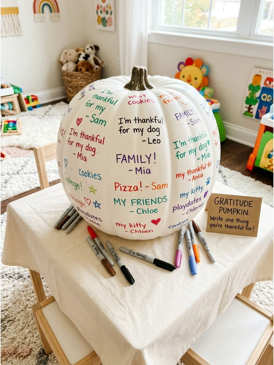 A white pumpkin covered in colorful handwritten messages of gratitude.