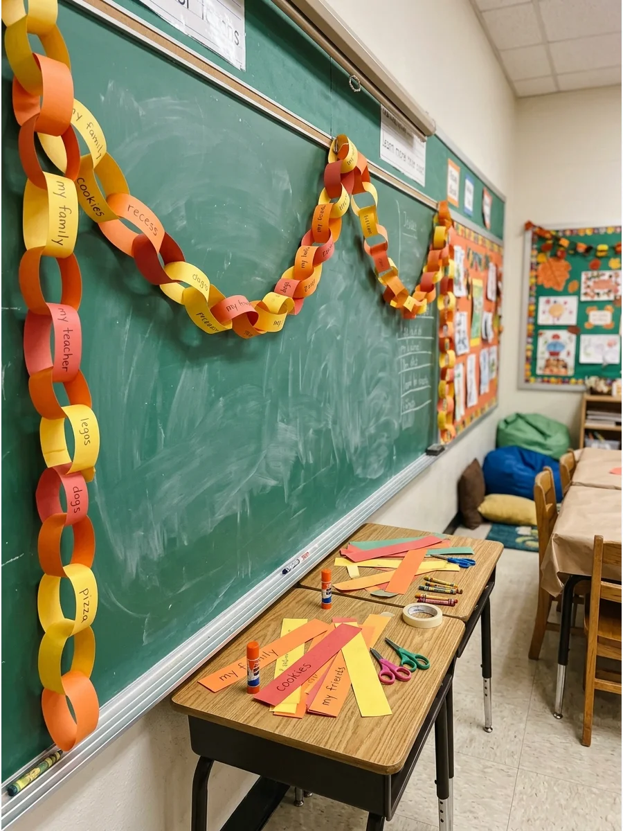 A colorful paper chain hanging across a classroom wall.