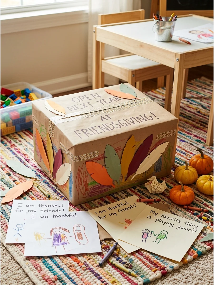 A decorated shoebox time capsule on a playroom rug with drawings.