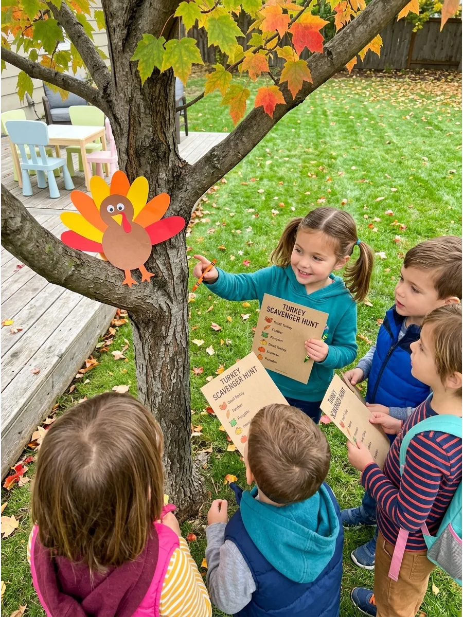 A paper turkey hidden in a tree branch during a backyard scavenger hunt.