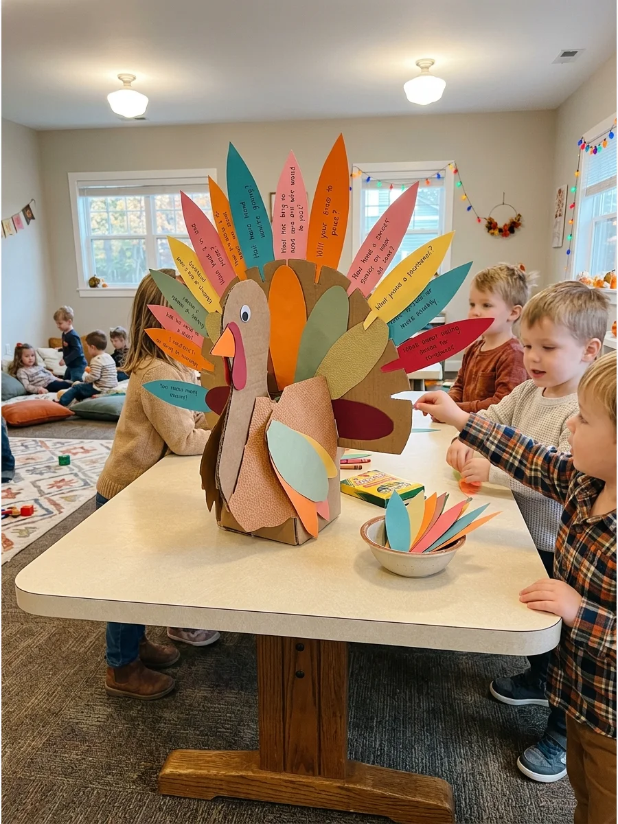 A cardboard turkey game with removable paper feathers on a table.