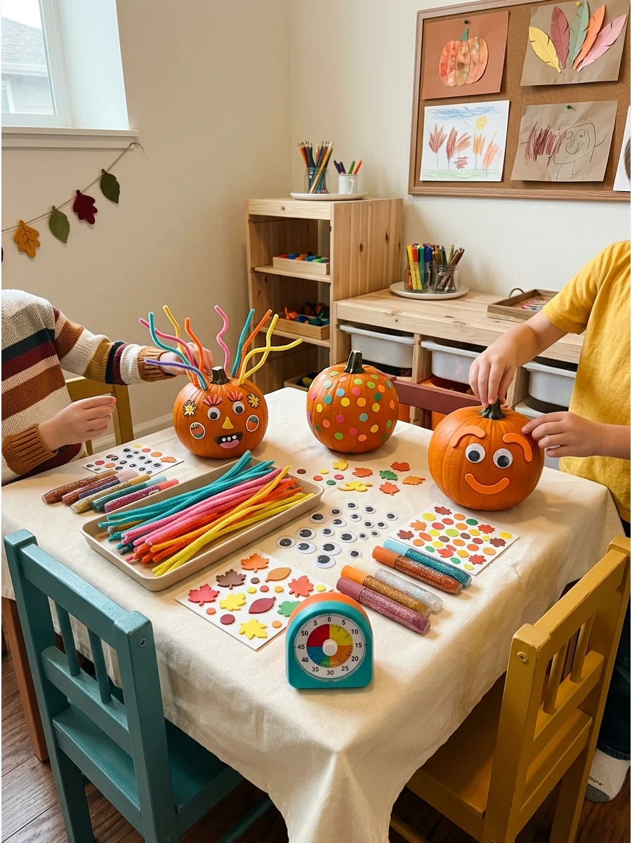 Mini pumpkins decorated with stickers and pipe cleaners on a table.