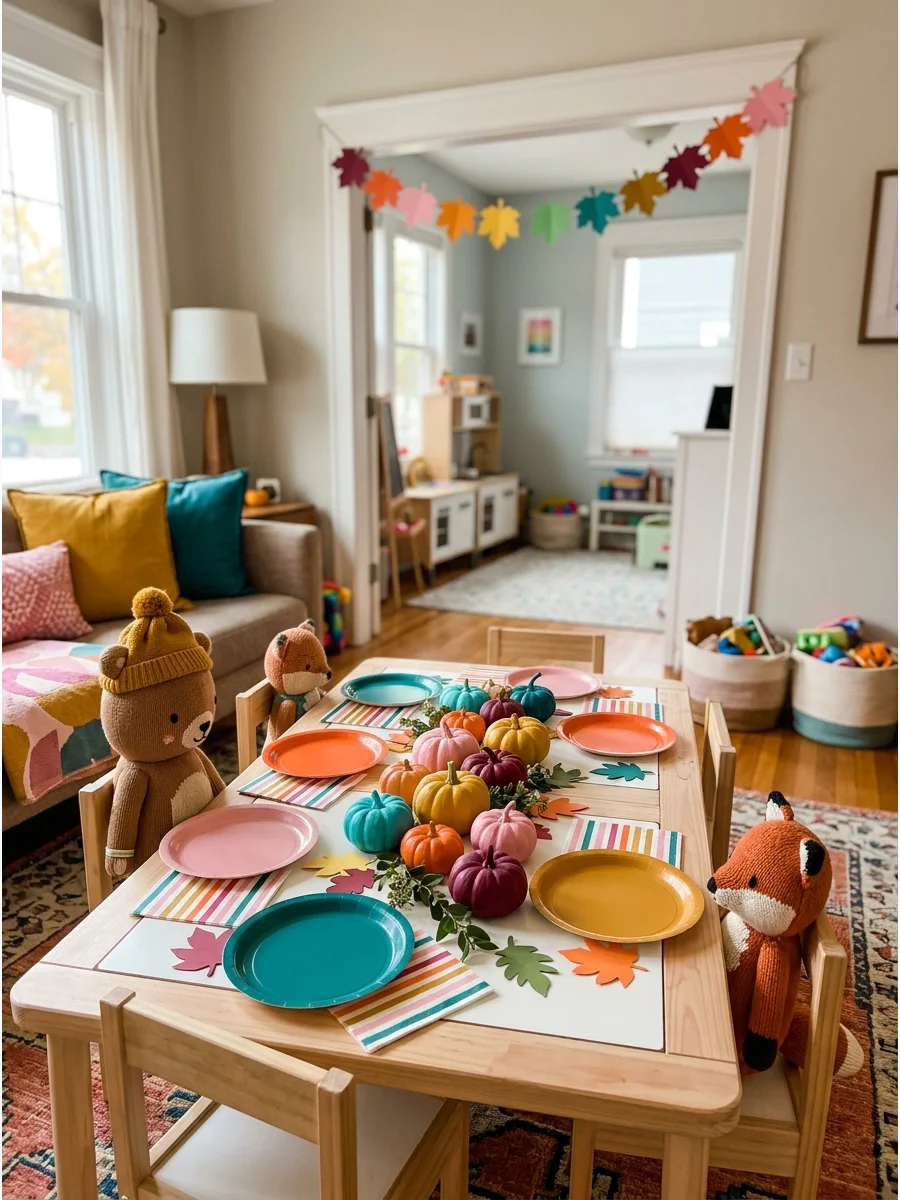 A bright and colorful fall party setup with pink and teal decorations.