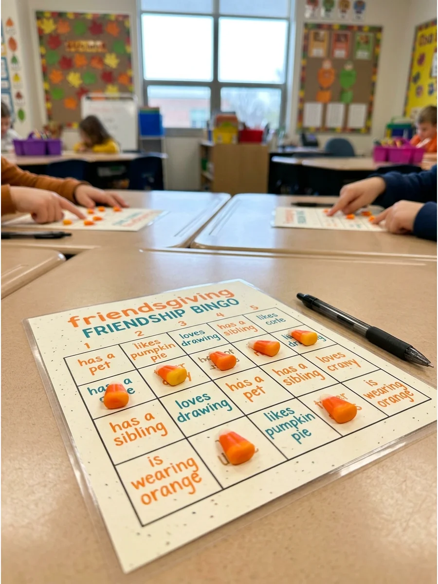 A Friendsgiving bingo card on a desk with candy corn markers.