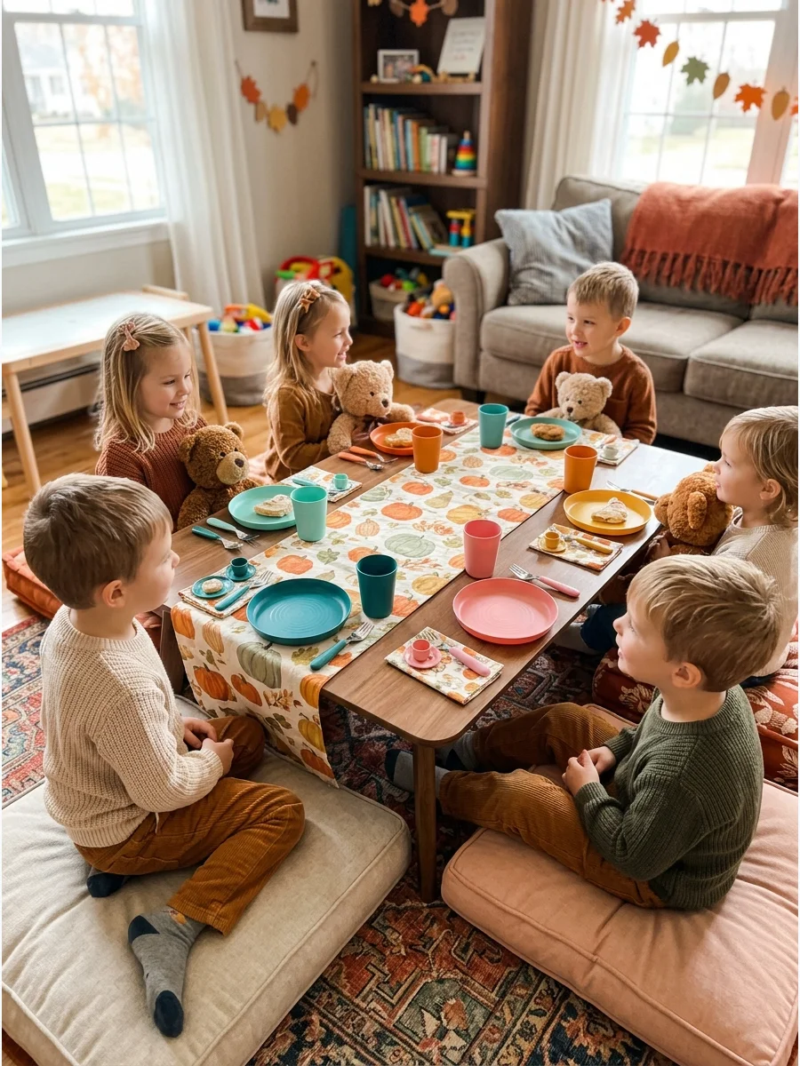 Stuffed animals sitting at a low party table with mini place settings.