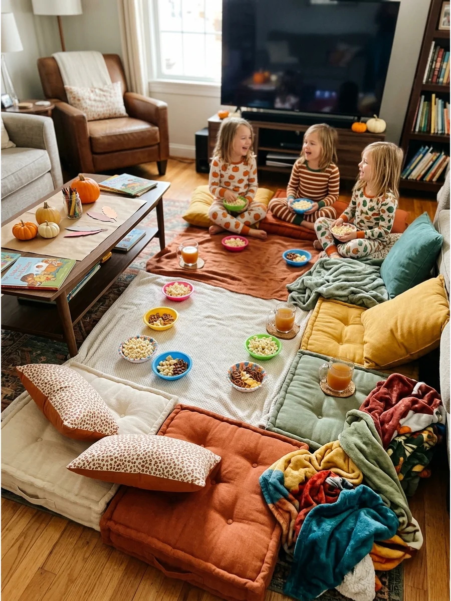 A cozy floor setup with blankets and pillows for a pajama party.