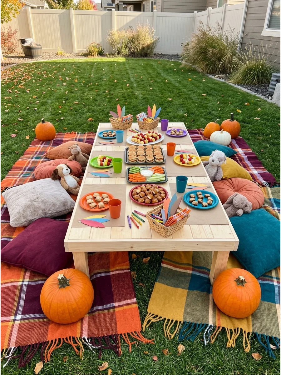 An outdoor picnic setup for kids with low tables and blankets on the grass.