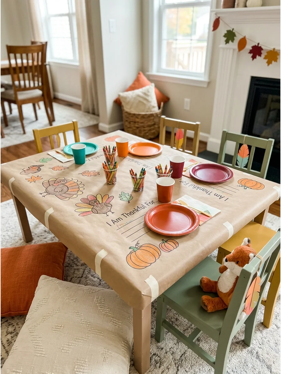 A kraft paper tablecloth with crayon drawings and coloring prompts.