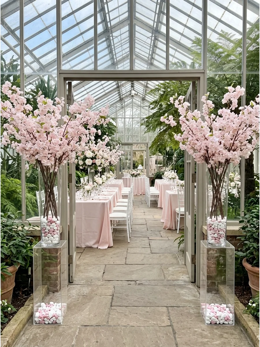 Tall cherry blossom branches in a conservatory with pink table linens.