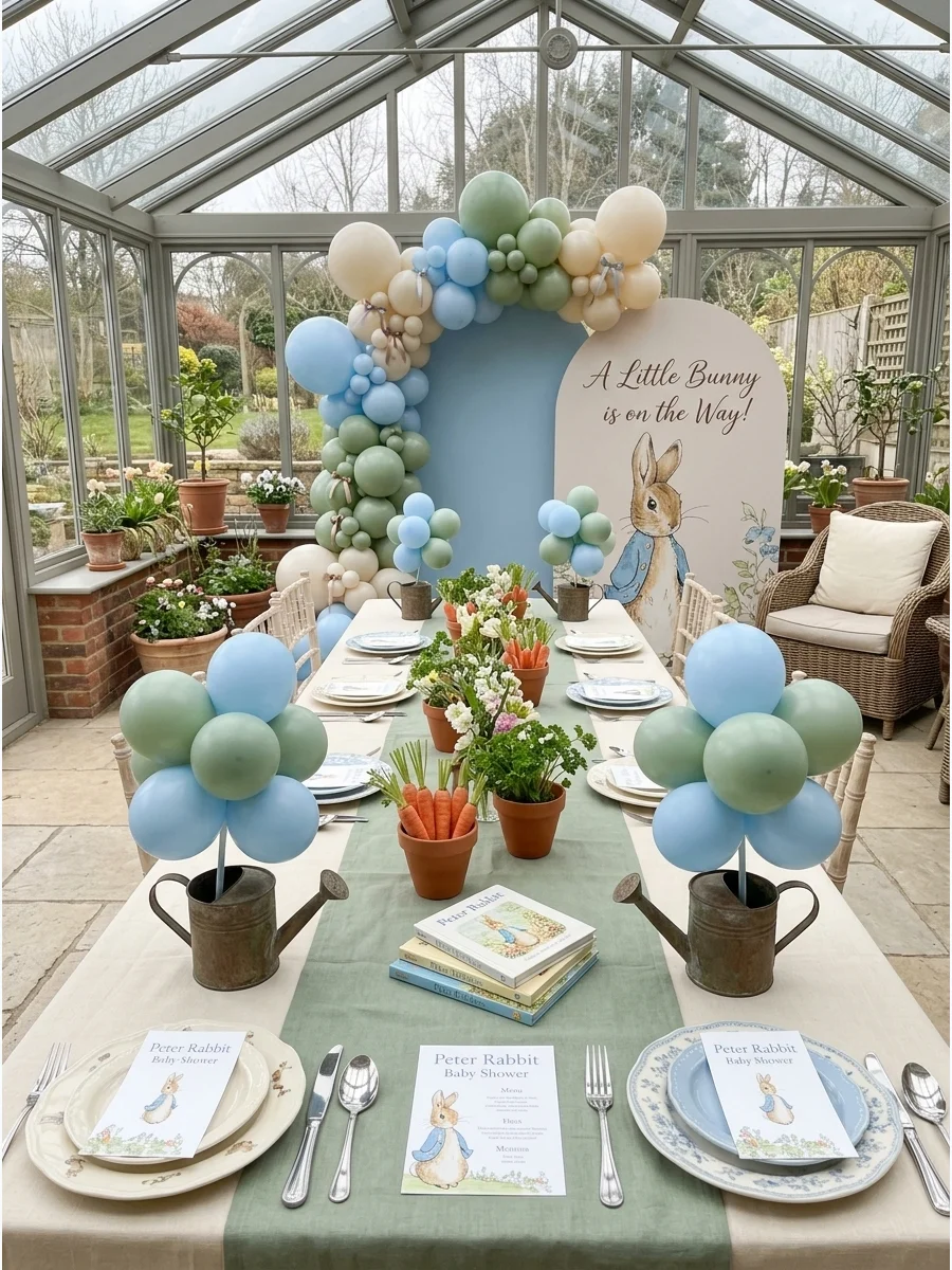 A Peter Rabbit themed baby shower table with garden decor in a bright conservatory.