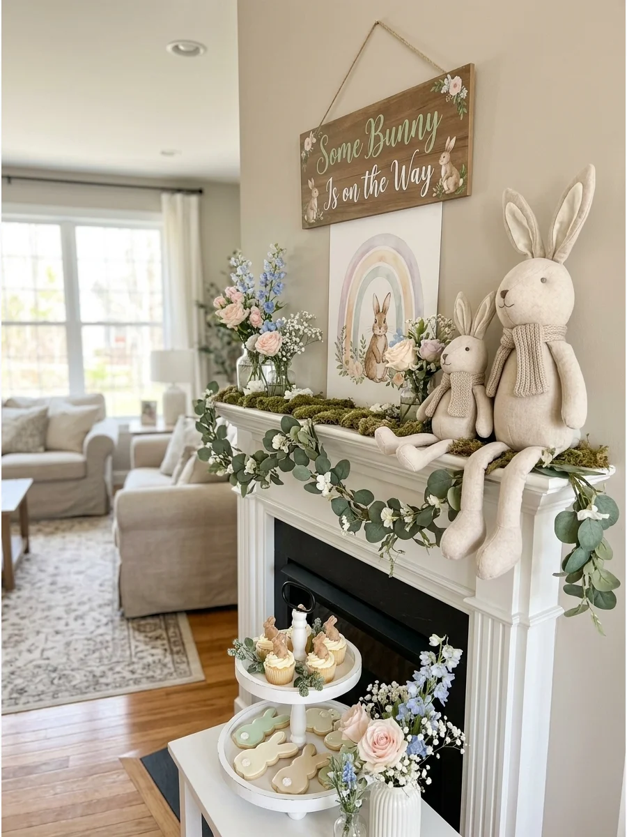 Bunny themed baby shower decorations on a fireplace mantle in a sunlit room.