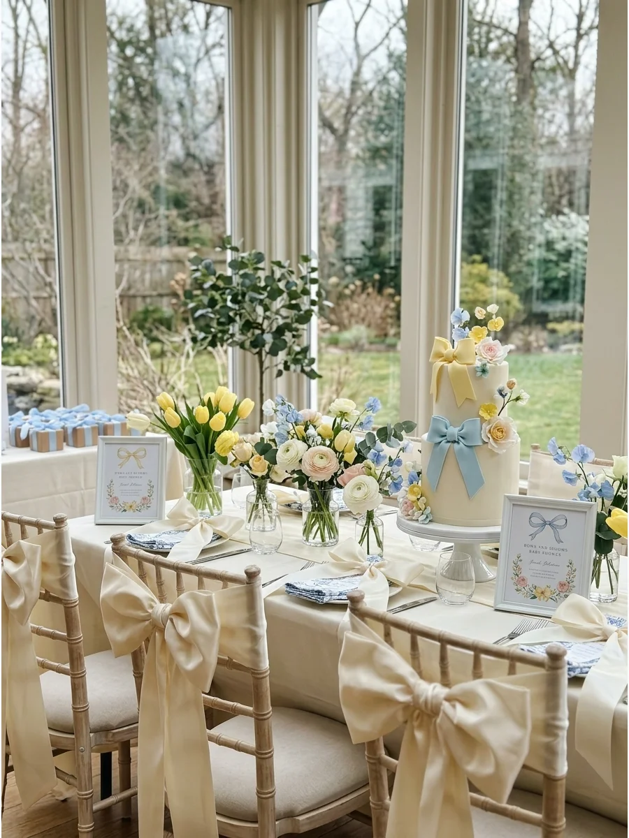 Yellow flowers and cream bows on chairs at a baby shower in a bright dining room.