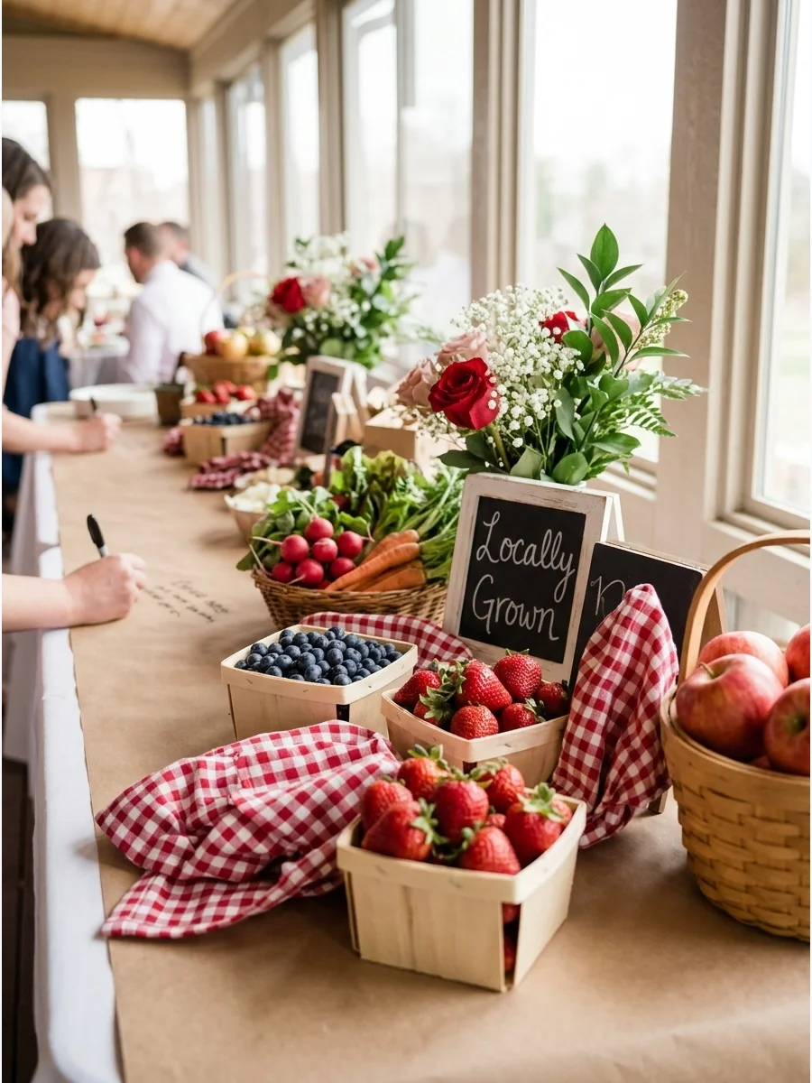 Farmers market themed baby shower food display with wooden crates and gingham fabric.