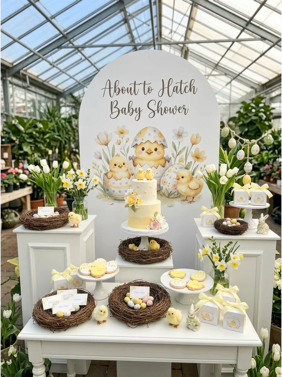 Chick themed baby shower decorations with nests and yellow accents in a greenhouse.
