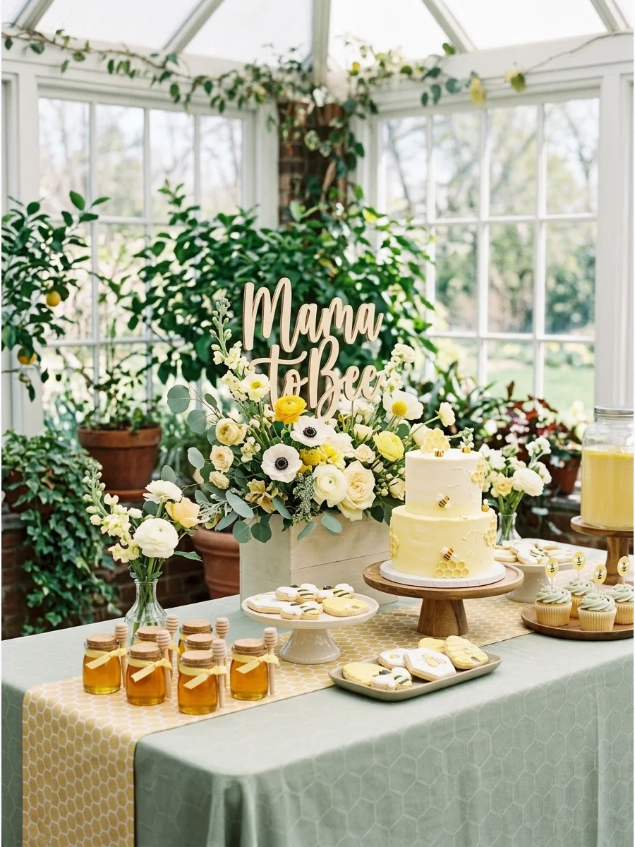 Bee themed baby shower with honey jar favors and yellow floral arrangements.