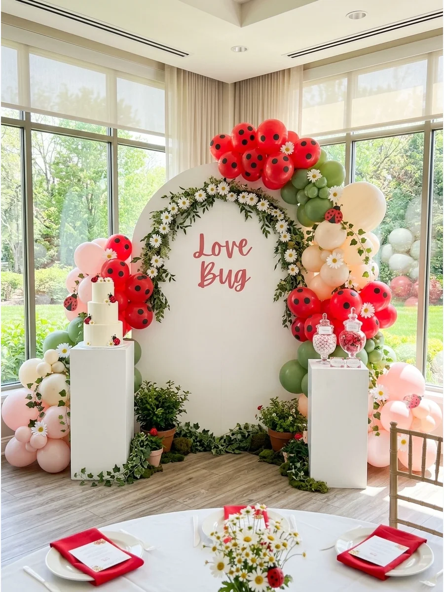 Ladybug themed baby shower backdrop with greenery and red accents.