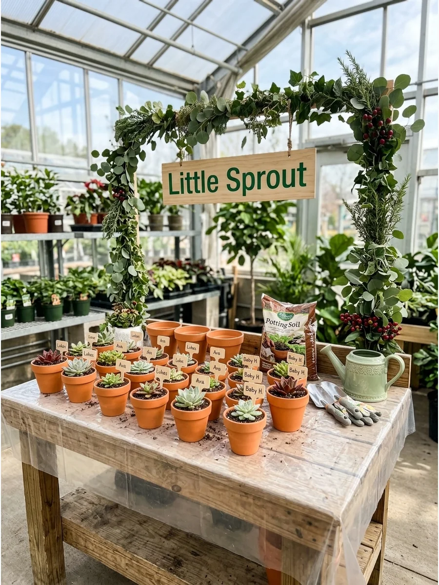Succulent potting station for guests at a garden themed baby shower.