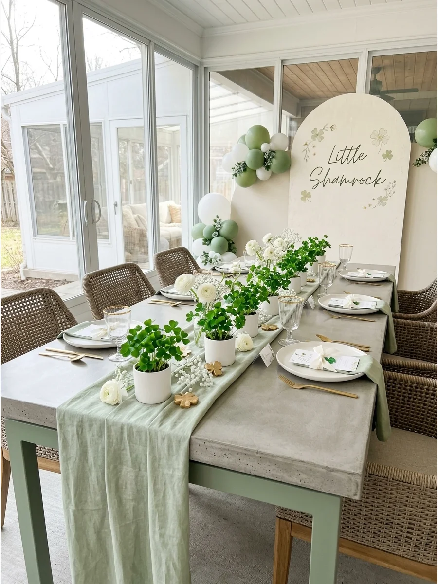 Potted shamrock plants used as centerpieces on a wooden table.