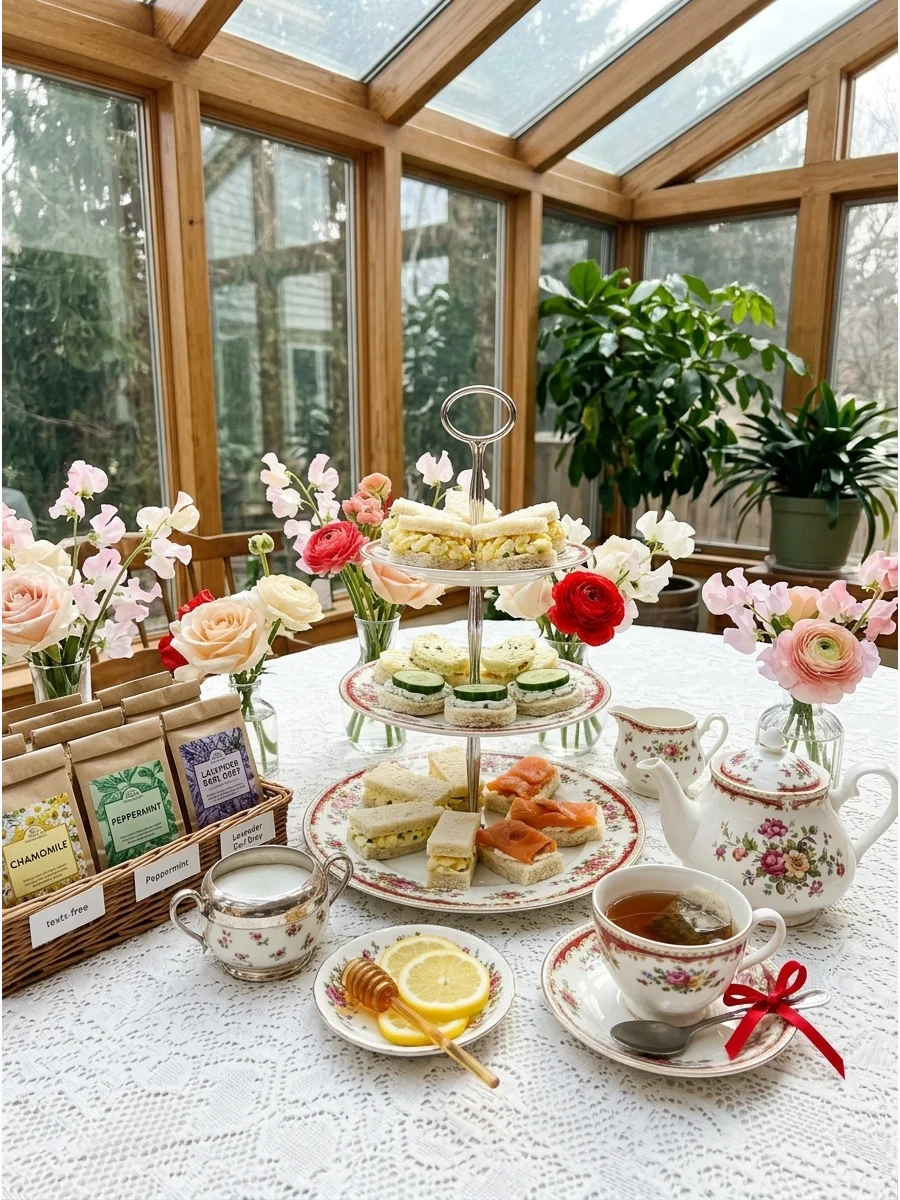English garden tea party setup with vintage china and tiered dessert stands.