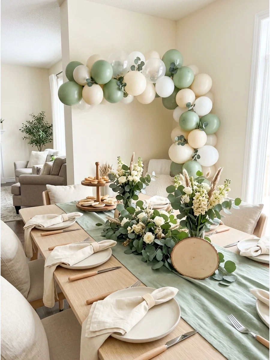 Sage green and cream baby shower decor in a bright living room.