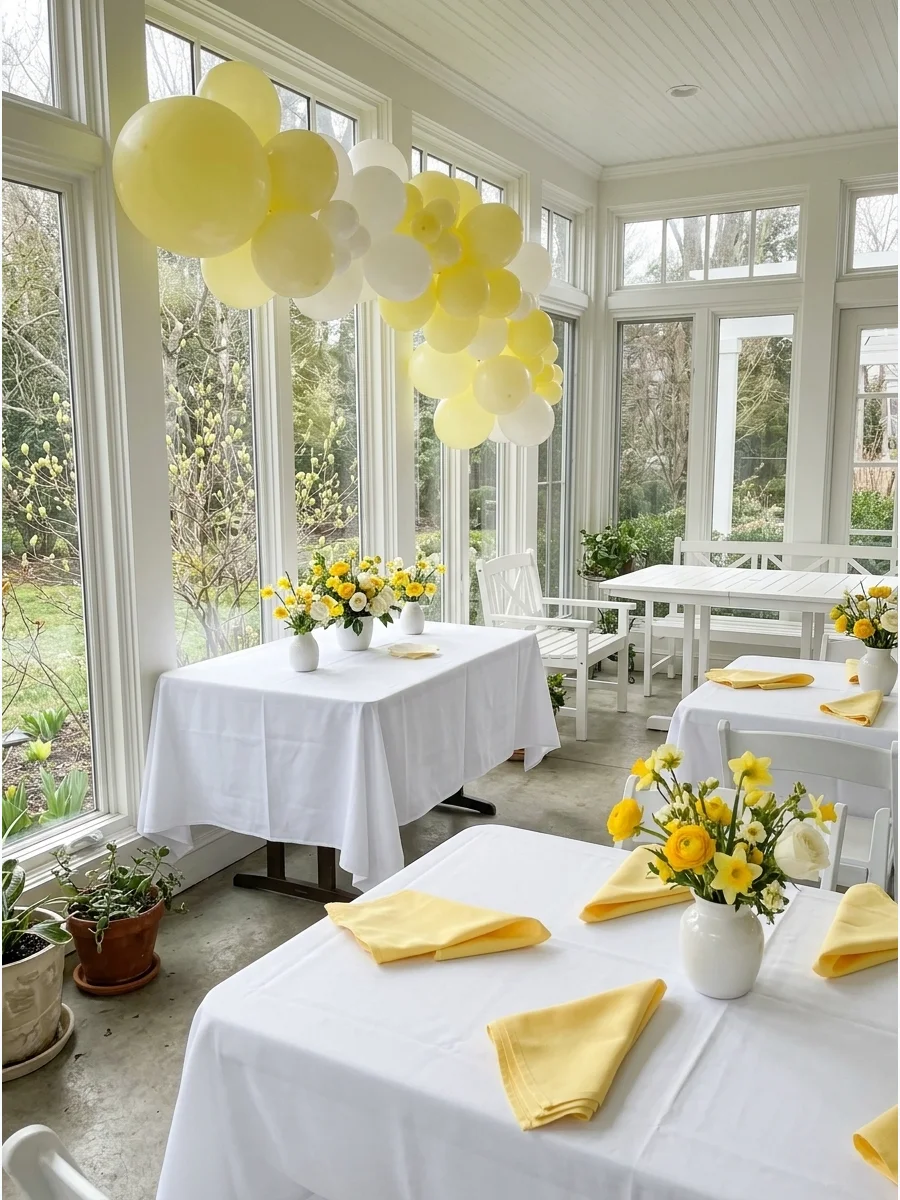 Butter yellow and white spring baby shower decor in a sunroom.