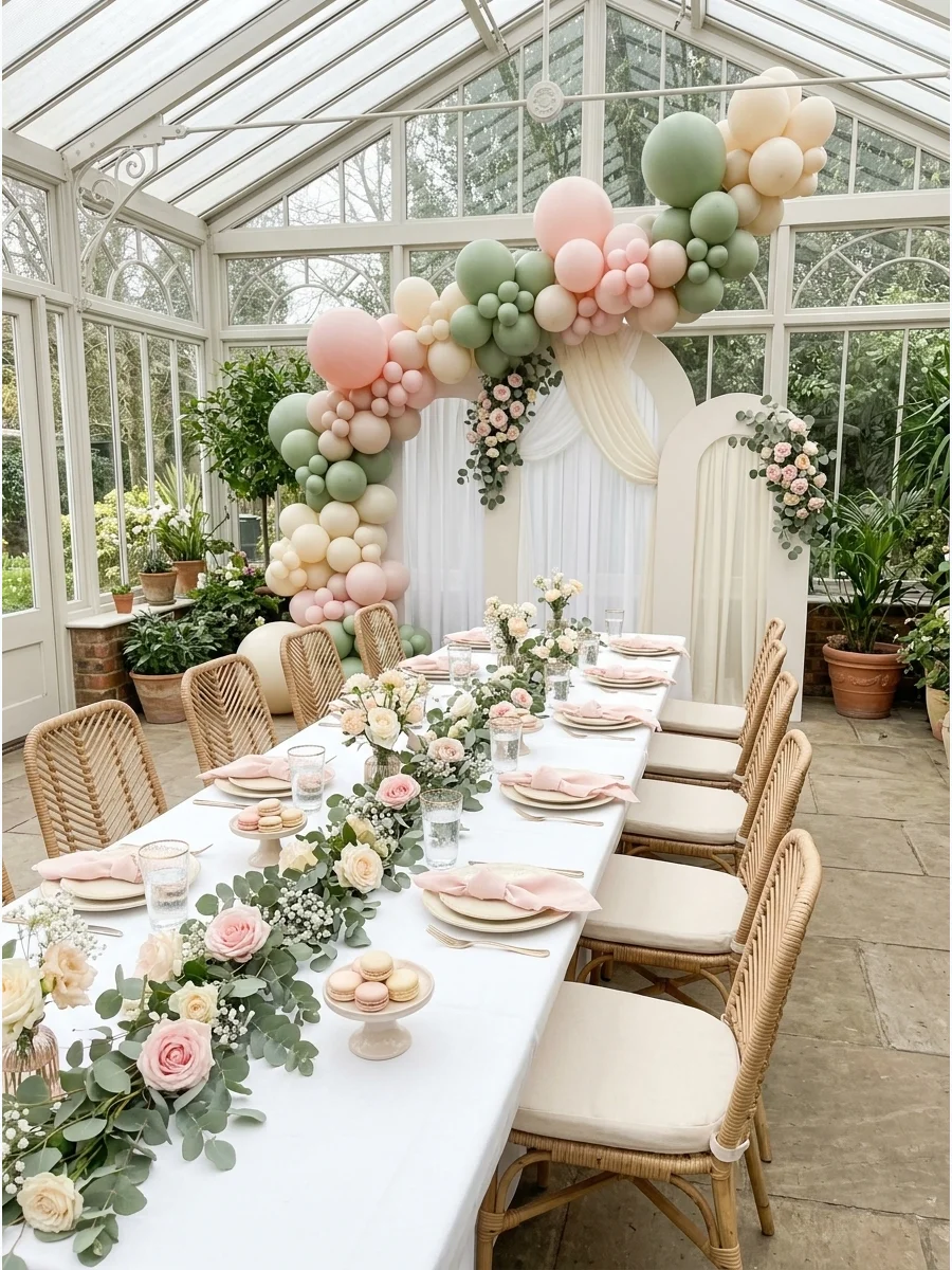 Blush pink and sage baby girl shower decor in a conservatory.