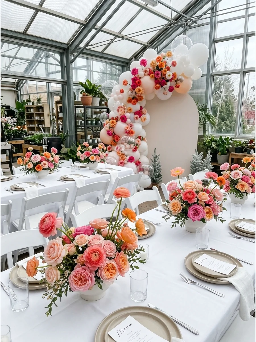 Pink and orange floral baby shower decor in an indoor garden center.