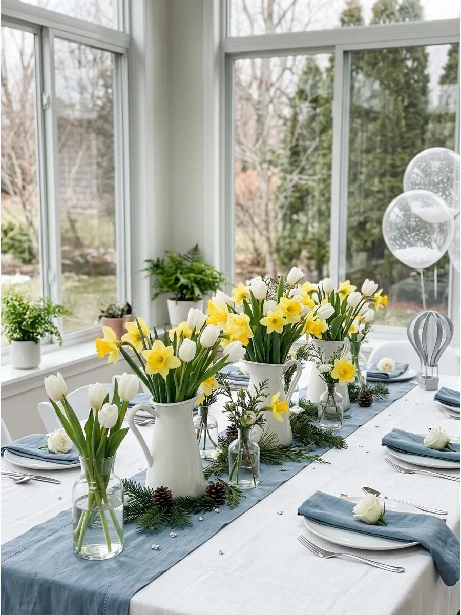 Daffodil and tulip centerpieces in a sunroom.