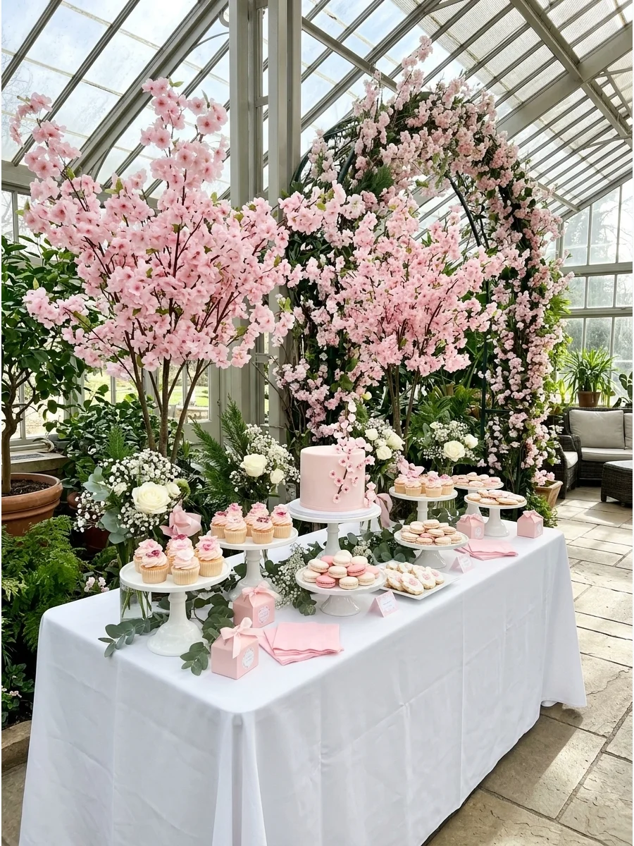 Cherry blossom dessert table in a conservatory.