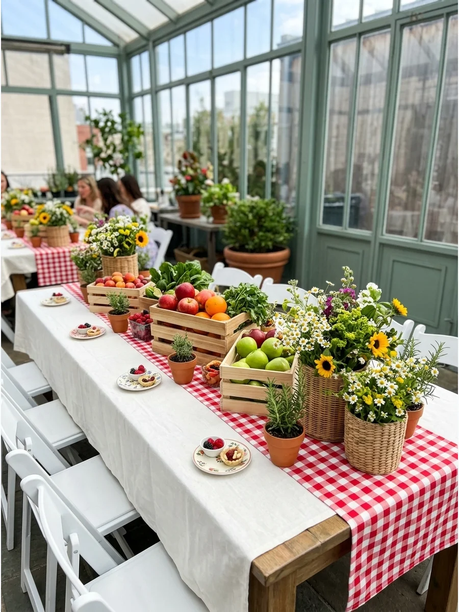 Gingham farmers market tablescape on an enclosed patio.