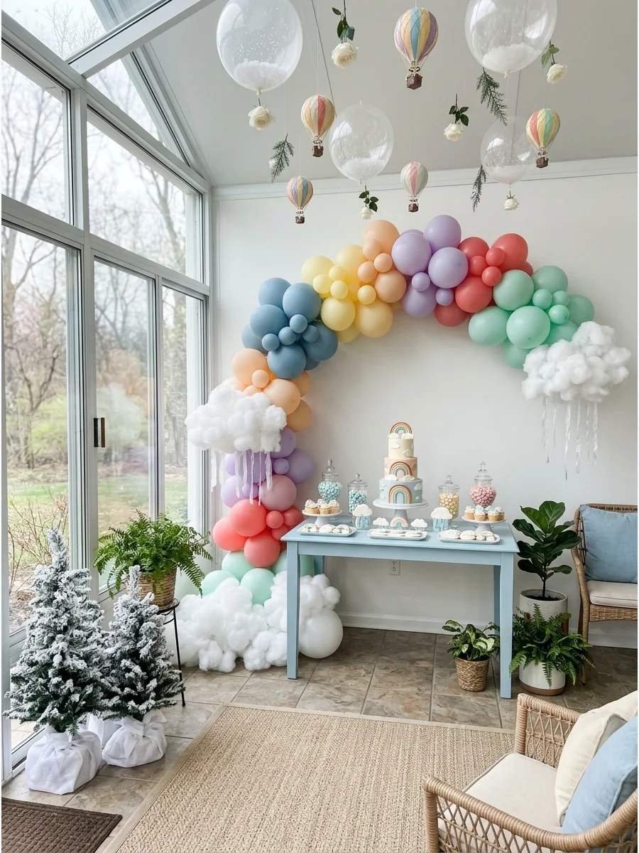Pastel rainbow balloon arch in a bright sunroom.