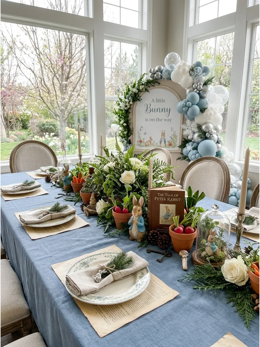 Vintage Peter Rabbit tablescape in a bright dining room.