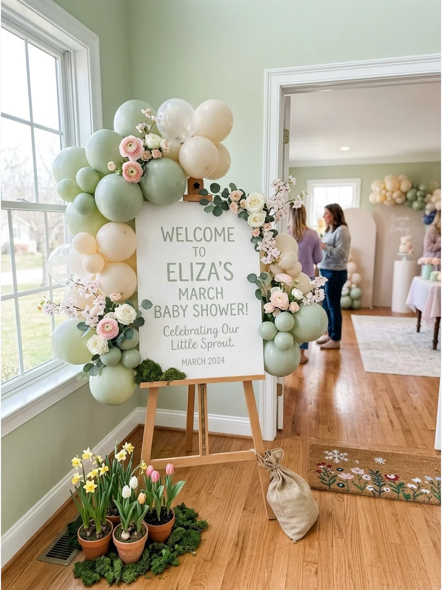 A white welcome sign with a sage green balloon garland and yellow daffodils.